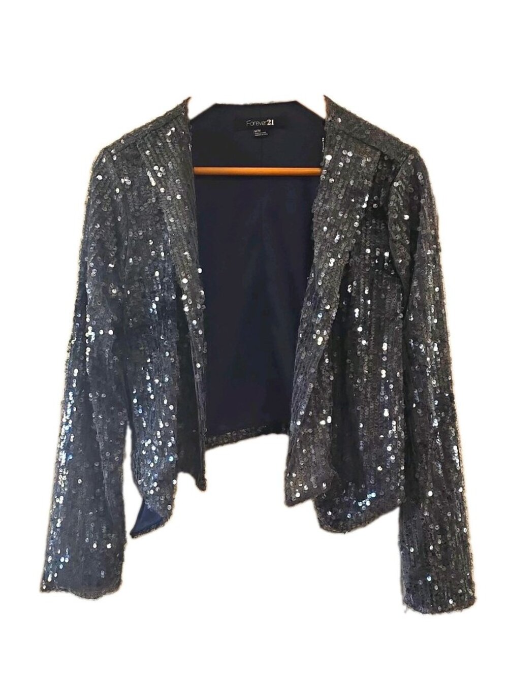Forever 21 Sequin Jacket Women M Open Front Long Sleeve Short Gray Black Party